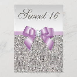 Zilveren pailletten Lila Faux Bow Sweet 16 Kaart
