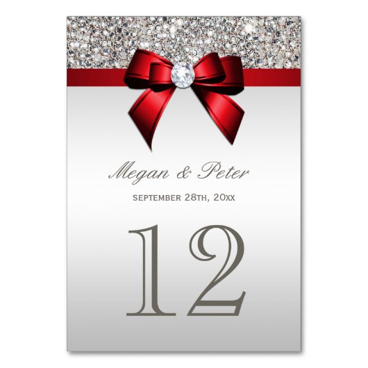 Zilveren pailletten Rode Bow Bruiloft Tafel Nummer Kaart (Voorkant)