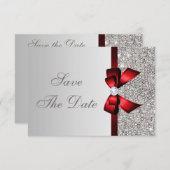Zilveren Pailletten, Rode Strik & Diamant Uitnodig Save The Date (Voorkant / Achterkant)