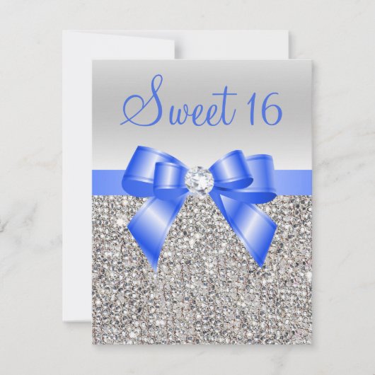 Zilveren pailletten Royal Blue Bow Sweet 16 Kaart (Voorkant)
