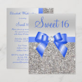 Zilveren pailletten Royal Blue Bow Sweet 16 Kaart (Voorkant / Achterkant)