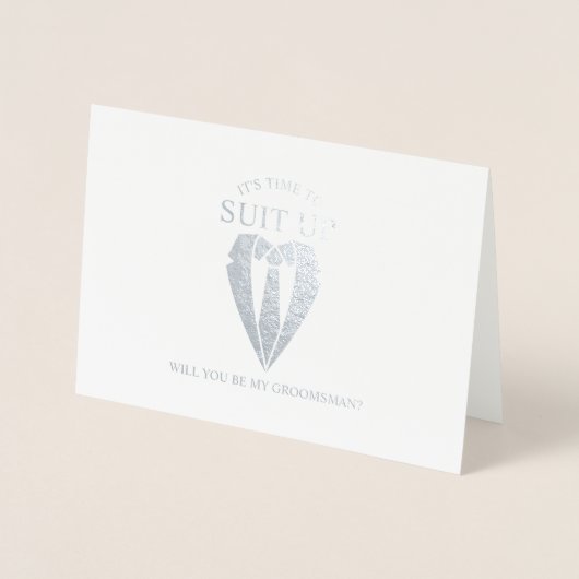 Zilveren Pak Gepersonaliseerde Groomsman Voorstel Folie Kaarten (Voorkant)
