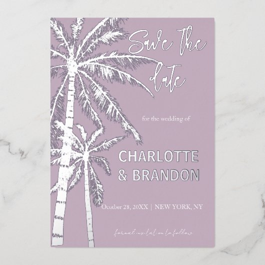 Zilveren palmbomen strand bruiloft folie uitnodiging (Voorkant)