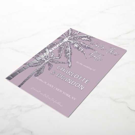 Zilveren palmbomen strand bruiloft folie uitnodiging (Gedraaid)