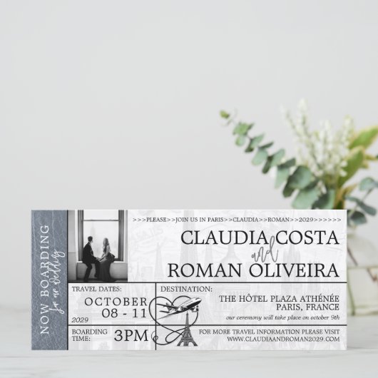 Zilveren Paris bruiloft instapkaart uitnodiging (Staand voorkant)