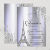 Zilveren Paris Eiffeltoren, Drip Violet Quinceañer Kaart (Voorkant / Achterkant)