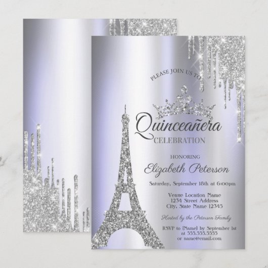 Zilveren Paris Eiffeltoren, Drip Violet Quinceañer Kaart (Voorkant / Achterkant)