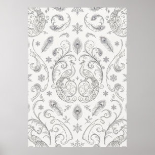 Zilveren Pauw Filigraan Winter Patroon Poster