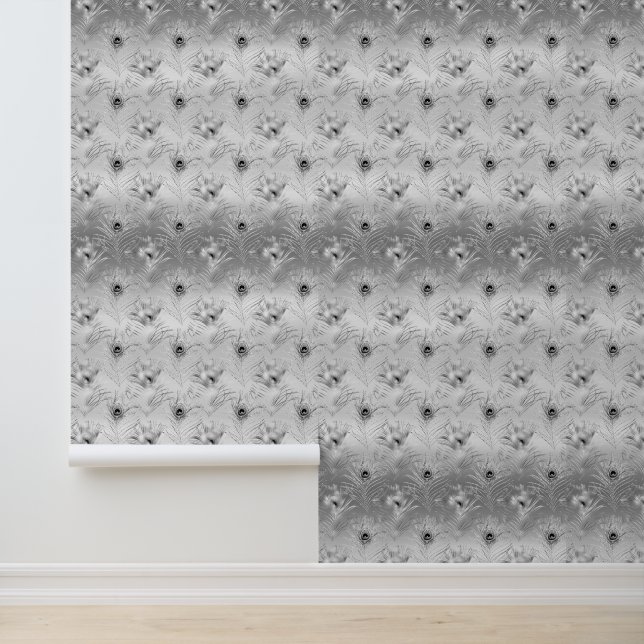 Zilveren pauwenveren behang (Applicatie)