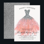 Zilveren Perzik Glitter Jurk Sweet 16th Birthday Kaart<br><div class="desc">Modern Glam Silver Peach Salmon Glitter Sparkle Waterverf Dress Sweet 16th Birthday Invitation</div>