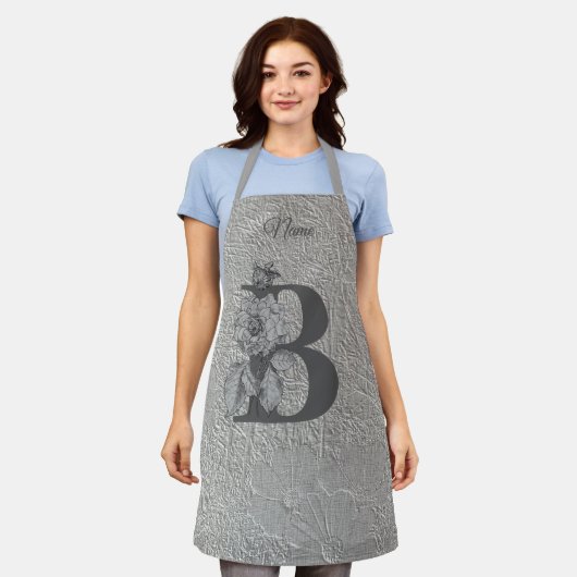 Zilveren Pioen Elegante Monogram Initiaal B Naam   Schort (Gedragen)