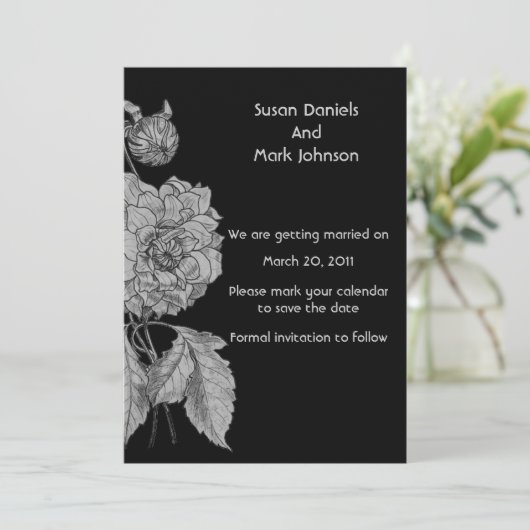 Zilveren Pioen Zwart Bloem Bruiloft Save The Date Kaart (Staand voorkant)