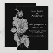 Zilveren Pioen Zwart Bloem Bruiloft Save The Date Kaart (Voorkant / Achterkant)