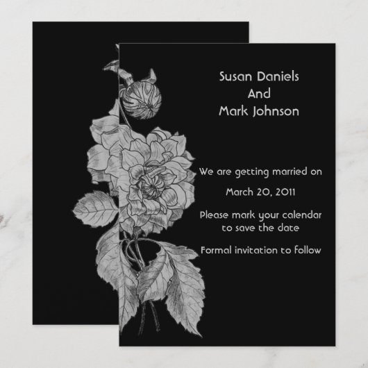 Zilveren Pioen Zwart Bloem Bruiloft Save The Date Kaart (Voorkant / Achterkant)