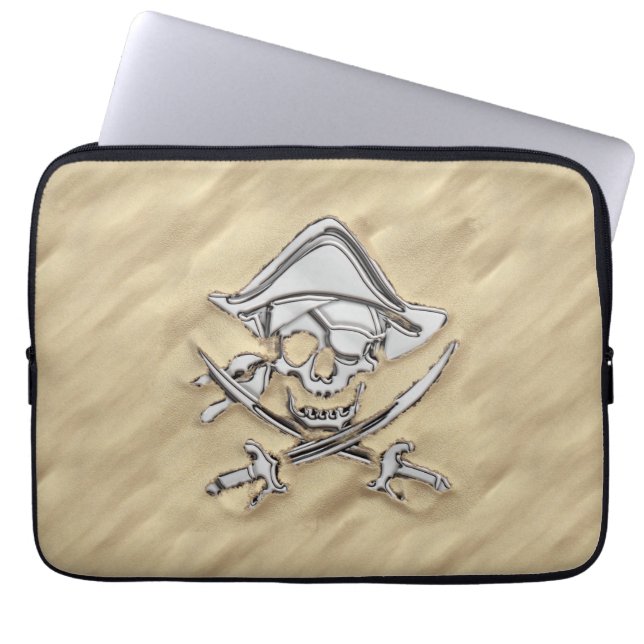 Zilveren Piratenschedel op het Strand Laptop Sleeve (Voorkant)