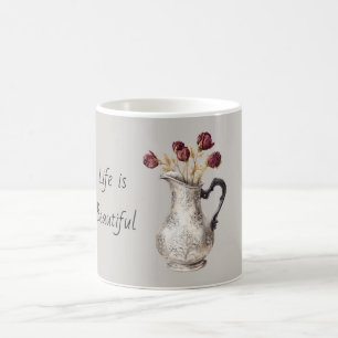 Zilveren Pitcher Vaas Rode Roos Bloemen Koffiemok