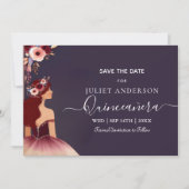 Zilveren Plum Kant Gown Boho Bourgogne Quinceanera Save The Date (Voorkant)
