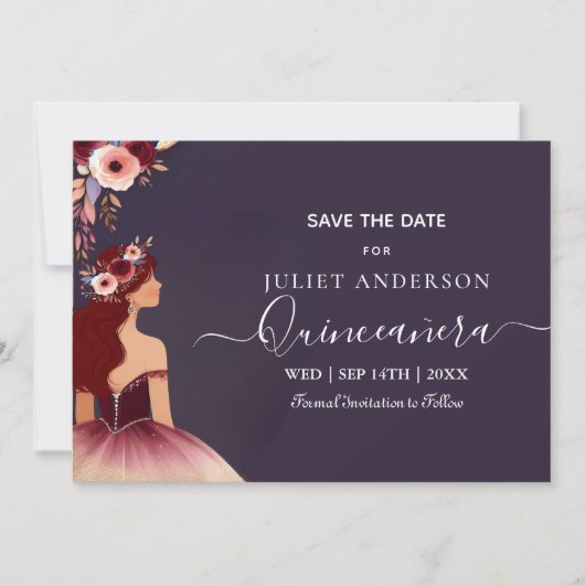 Zilveren Plum Kant Gown Boho Bourgogne Quinceanera Save The Date (Voorkant)