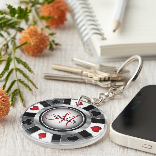 Zilveren Poker Chip Ontwerp - Monogram Sleutelhanger (Voorkant Rechts)