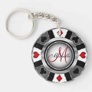 Zilveren Poker Chip Ontwerp - Monogram Sleutelhanger