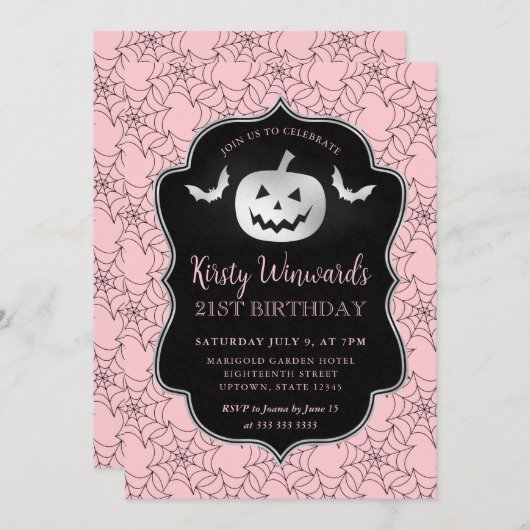 Zilveren pompoen en roze spinnenwebben 21e verjaar kaart (Voorkant / Achterkant)