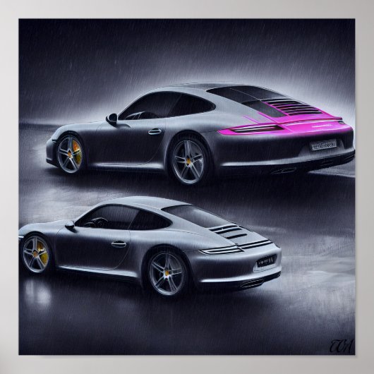 Zilveren Porsche Auto op een regenachtige nacht Poster (Voorkant)