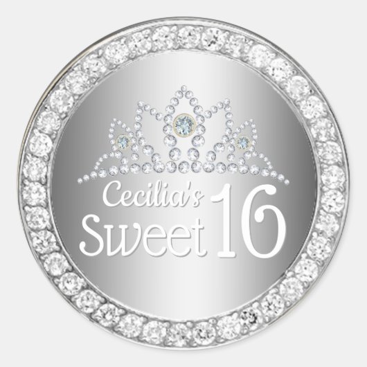 Zilveren Prinses Diamant Tiara Sweet 16 Ronde Sticker (Voorkant)