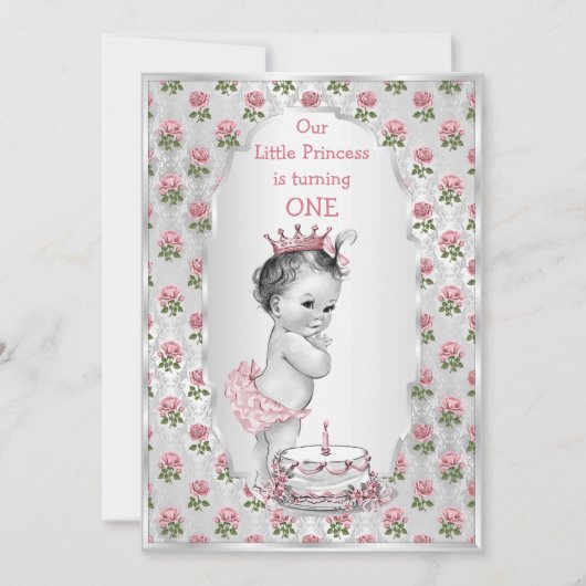 Zilveren  Prinses Roze Rozen Verjaardagstaart Kaart (Voorkant)