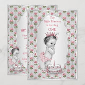 Zilveren  Prinses Roze Rozen Verjaardagstaart Kaart (Voorkant / Achterkant)