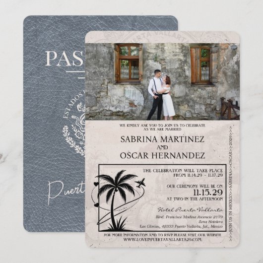 Zilveren Puerta Vallarta Passport bruiloft Kaart (Voorkant / Achterkant)