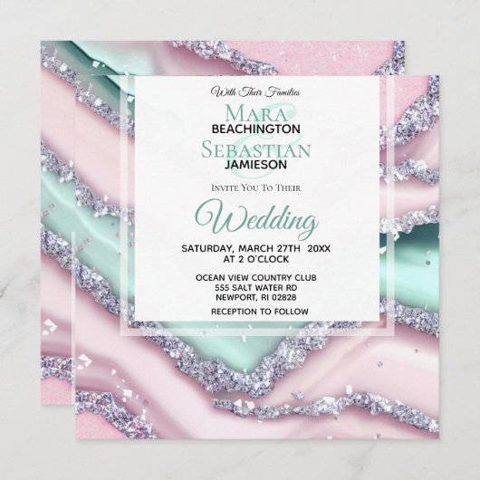 *~* Zilveren QR MINT ROZE AGATE AR66 RSVP Bruiloft Kaart (Voorkant / Achterkant)