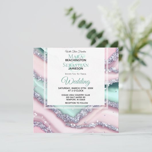 *~* Zilveren QR MINT ROZE AGATE AR66 RSVP Bruiloft Kaart (Staand voorkant)