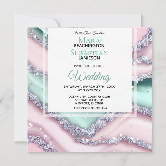 *~* Zilveren QR MINT ROZE AGATE AR66 RSVP Bruiloft Kaart (Voorkant)