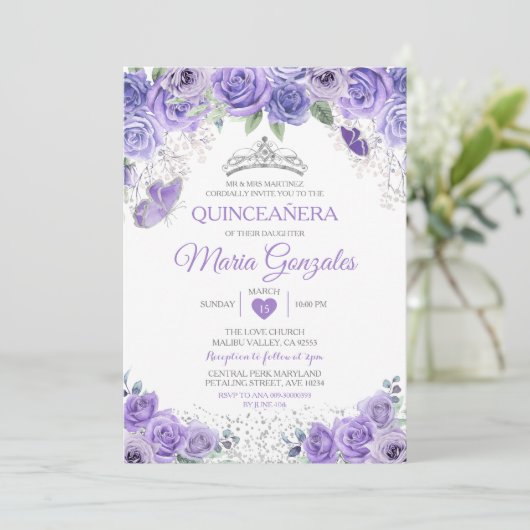 Zilveren Quinceañera Paarse Kroon Mexicaanse Vlind Kaart (Staand voorkant)