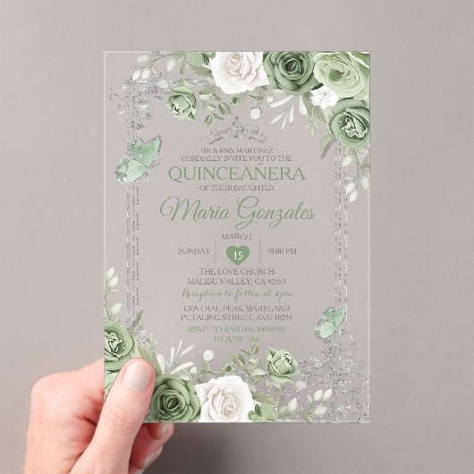 Zilveren Quinceañera Sage Groene Kroonvlinder Acryl Uitnodigingen (Insitu (Draagbaar))