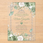 Zilveren Quinceañera Sage Groene Kroonvlinder Acryl Uitnodigingen (Voorkant)