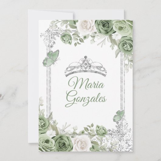 Zilveren Quinceañera Sage Groene Kroonvlinder Kaart (Achterkant)