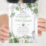 Zilveren Quinceañera Sage Groene Kroonvlinder Kaart<br><div class="desc">Quinceañera Sage Groen & Zilveren Kroon Mexicaanse Vlinder Uitnodiging Mis Quince 15 Anos,  16e Verjaardag, </div>