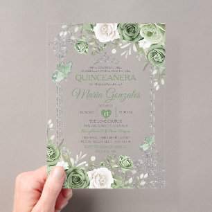 Zilveren Quinceañera Salie Groene Kroon Vlinder Acryl Uitnodigingen