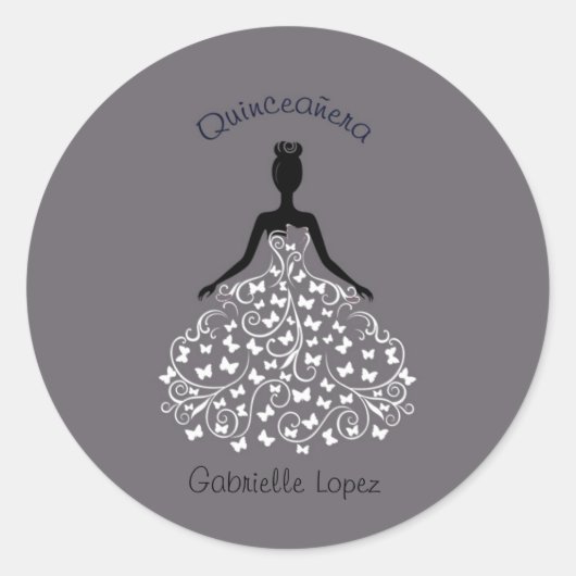 Zilveren Quinceanera vlinderjurk envelop afdichtin Ronde Sticker (Voorkant)