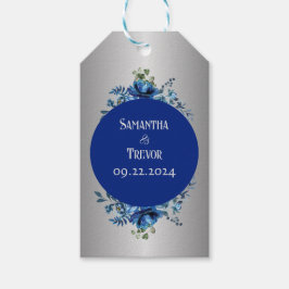 Zilveren Rand Bloesems: Gepersonaliseerde Blauwe B Cadeaulabel