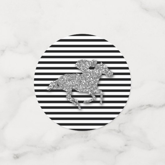 Zilveren renpaard op zwarte en witte strepen confetti (Kleine voorkant)