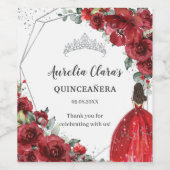 Zilveren Rode Bloemen Quinceañera 16e Verjaardag Wijn Etiket (Enkel label)