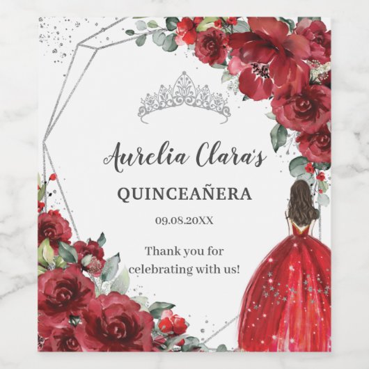 Zilveren Rode Bloemen Quinceañera 16e Verjaardag Wijn Etiket (Enkel label)