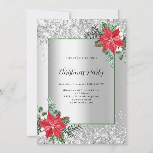 Zilveren rode bloemendecor Kerstfeest Kaart (Voorkant)