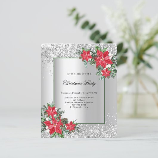 Zilveren rode bloemendecor Kerstfeest uitnodiging (Staand voorkant)