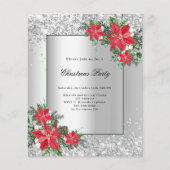 Zilveren rode bloemendecor Kerstfeest uitnodiging (Voorkant)