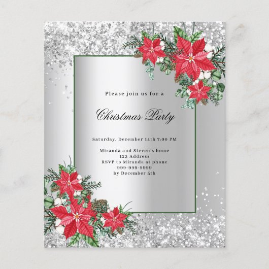 Zilveren rode bloemendecor Kerstfeest uitnodiging (Voorkant)