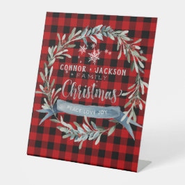 Zilveren & Rode Buffalo Plaid Familie Kerstkrans Reclamebord Met Voetstuk