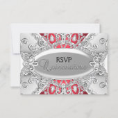 Zilveren & Rode Diamant Damask Quinceanera RSVP (Voorkant)